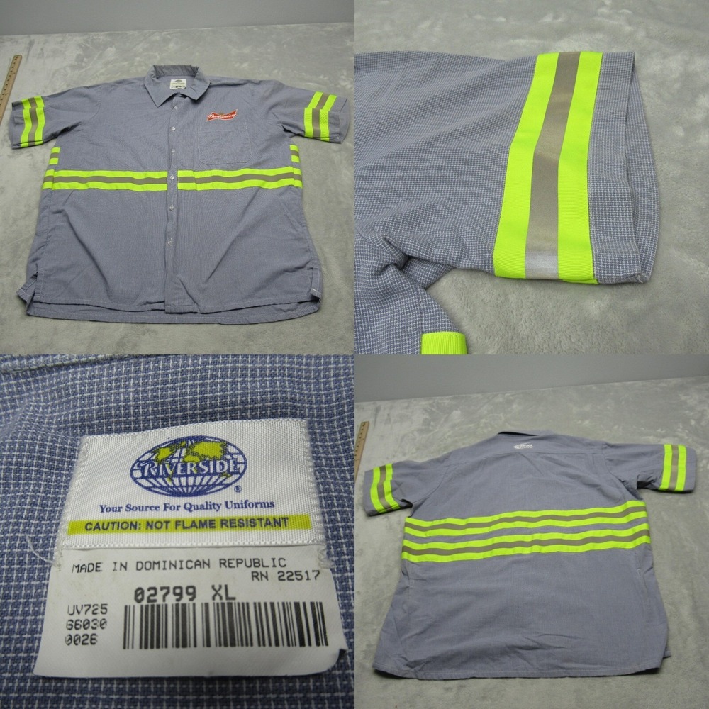 Budweiser Shirt Men XL Blue Riverside Reflective Stripes Button Up Logo Employee